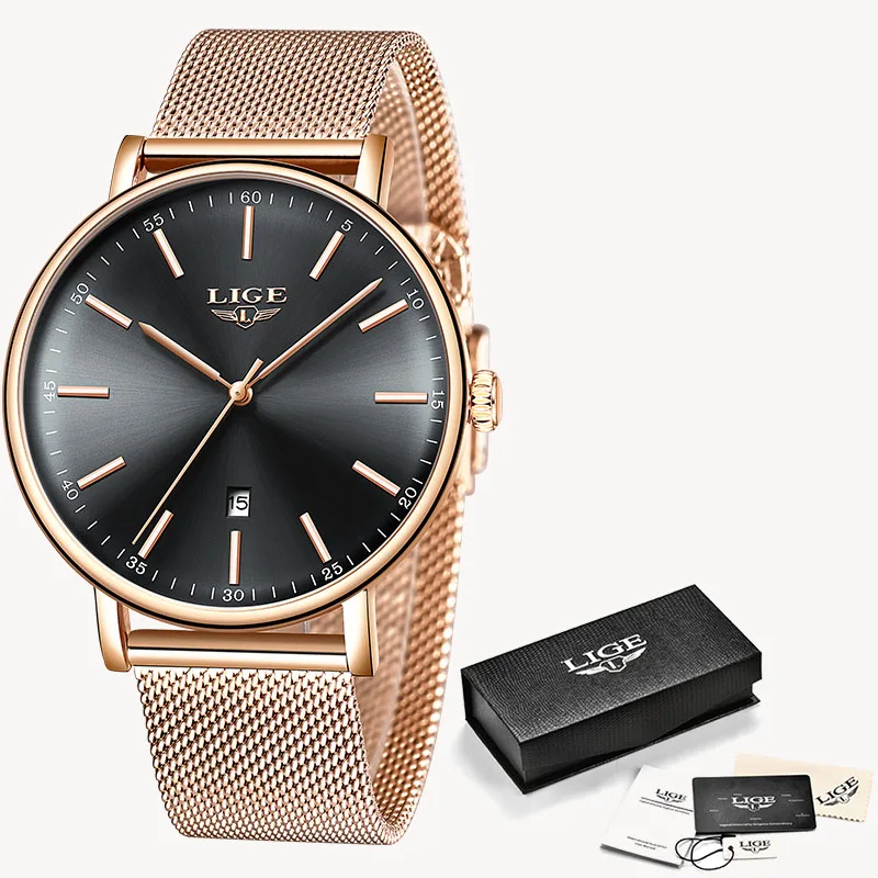 Rose gold black LIGE список женские часы из розового золота кварцевые часы женские роскошные Брендовые женские часы для девочек Relogio Feminino+ коробка - Цвет: Rose gold black