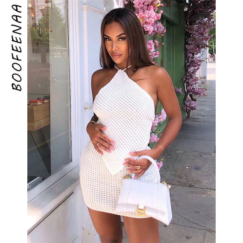 

Сексуальный белый вязаный осенний костюм BOOFEENAA, свитер, жилет с открытой спиной, укороченный топ и мини-юбка, Клубная одежда из двух предмето...