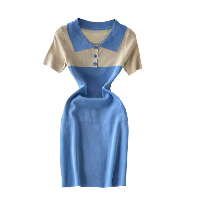 

French Style Color Matching Doll Collar Short Sleeve Thin Knitted Summer Dress For Women 2021 New Korean Slim Dress aq997