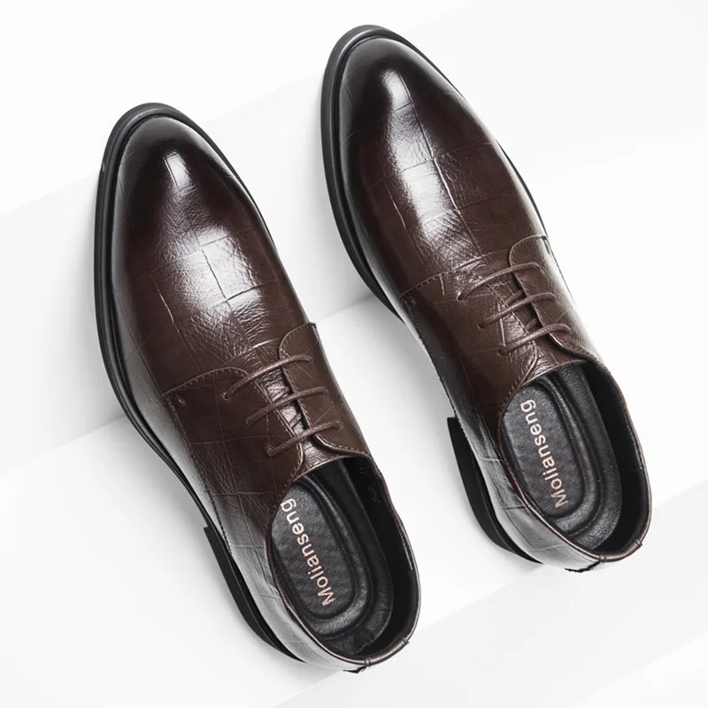 

OIMG autumn new business casual leather shoes men's British pointed toe lace-up plaid dress wedding shoes British single shoes