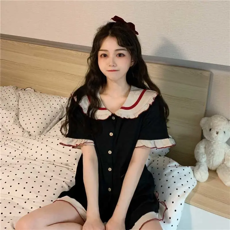 

Japanese Pajamas Women Summer Princess Style Pyjamas Cute Ruffles Lapel Pijamas Plus Size Loose 2 Piece Kawaii Soft Home Suit