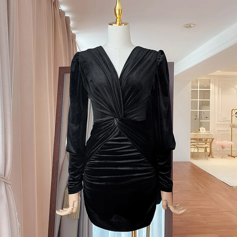 

Ailigou Winter 2020 New Women'S Sexy Apricot Pink Black V-Neck Gold Velvet Lantern Sleeve Draped Bodycon Party Mini Dress