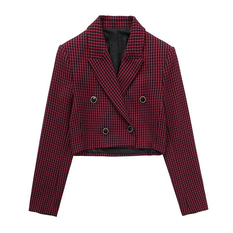 

YENKYE Fashion Women Double Breasted Cropped Houndstooth Blazer Coat Vintage Long Sleeve Female Outerwear Chic Veste Femme