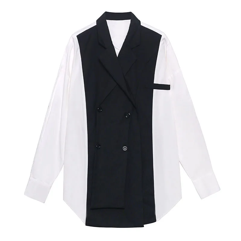 

SeeBeautiful Stitching Large Size Shirt Notched Long Sleeve Double Breasted Contrast Color New Fashion 2021 Spring Women E062