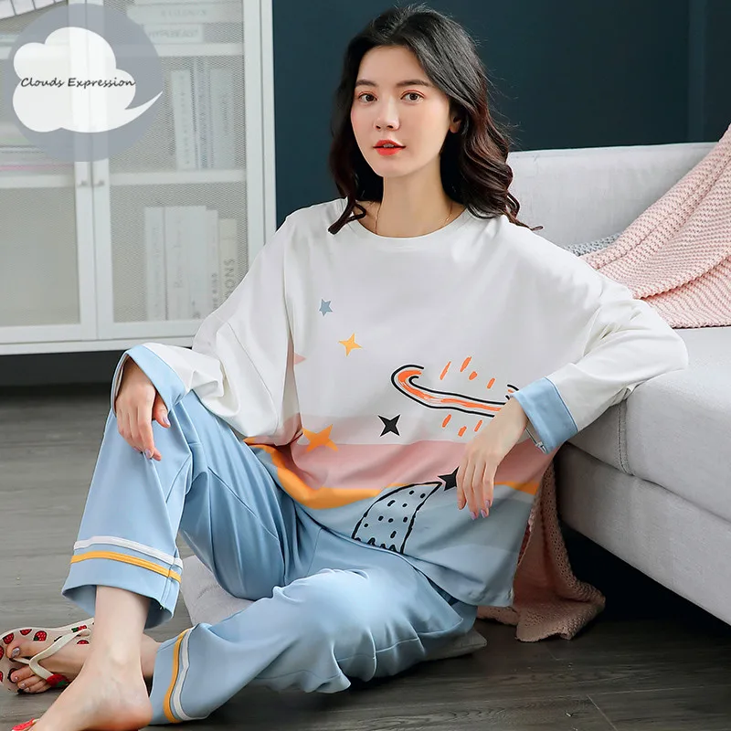 

Spring Autumn Women's Sleep Lounge Pajama Long Sleeved Woman Pajama Set Cartoon Pyjamas Cotton Sleepwear M L XL XXL XXXL Fashion