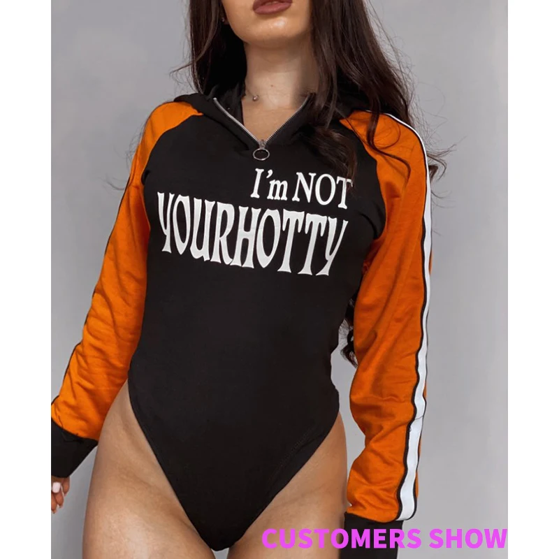 Rapcopter с капюшоном в стиле пэчворк принтом букв Bodycon Комбинезоны Осенняя уличная