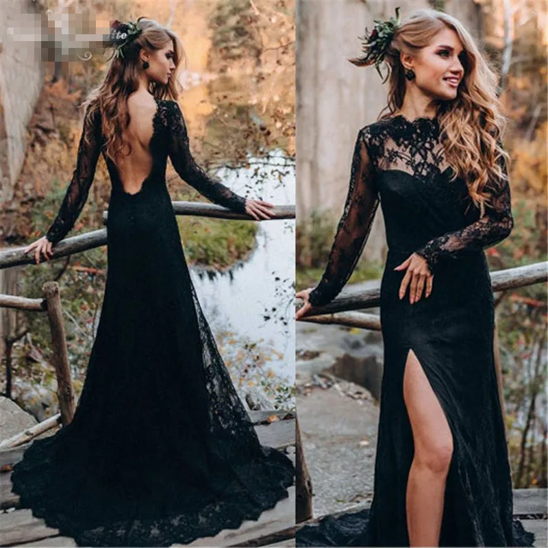 

Черные кружевные вечерние платья с длинным рукавом 2021 robe de soiree Русалочка, оголяющая спину/выпускного, индивидуальный пошив, размеры прозрач...