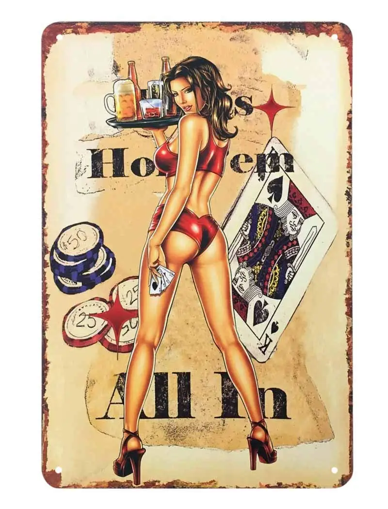 Девушки Pinup жестяной знак официантка казино с красным бикини играйте в покер