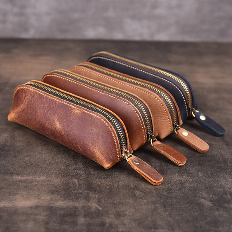 

Handmade Genuine Leather Pencil Bag Vintage Retro Style Cowhide Zipper Pen Case School Bag Office Stationery X6HB