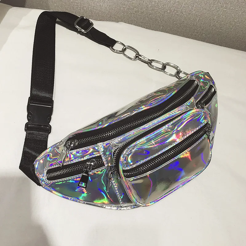 Кожаная поясная сумка для женщин нагрудная с цепочкой модная Лазерная hipbag 2020