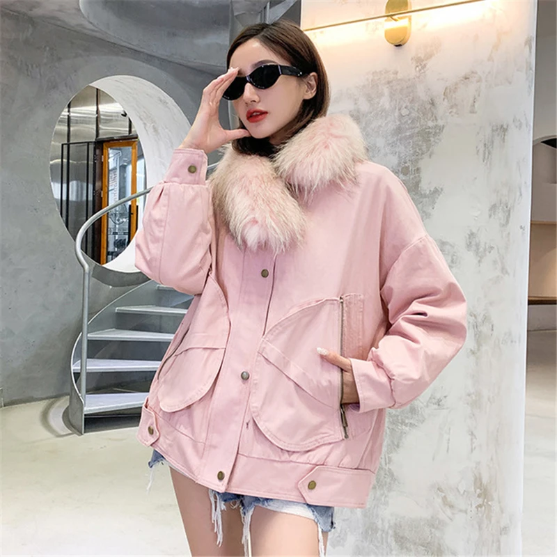 

2020 Winter New Real Fox Fur Collar Warm Fur Coat Female Rabbit Fur Liner Detachable Pocket Zip Short Parkas Korean Loose Jacket