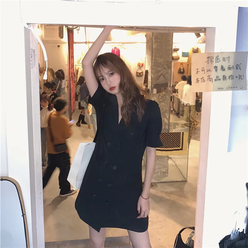 

Temperament black suit vintage summer 2020 new slim waist loose short sleeve