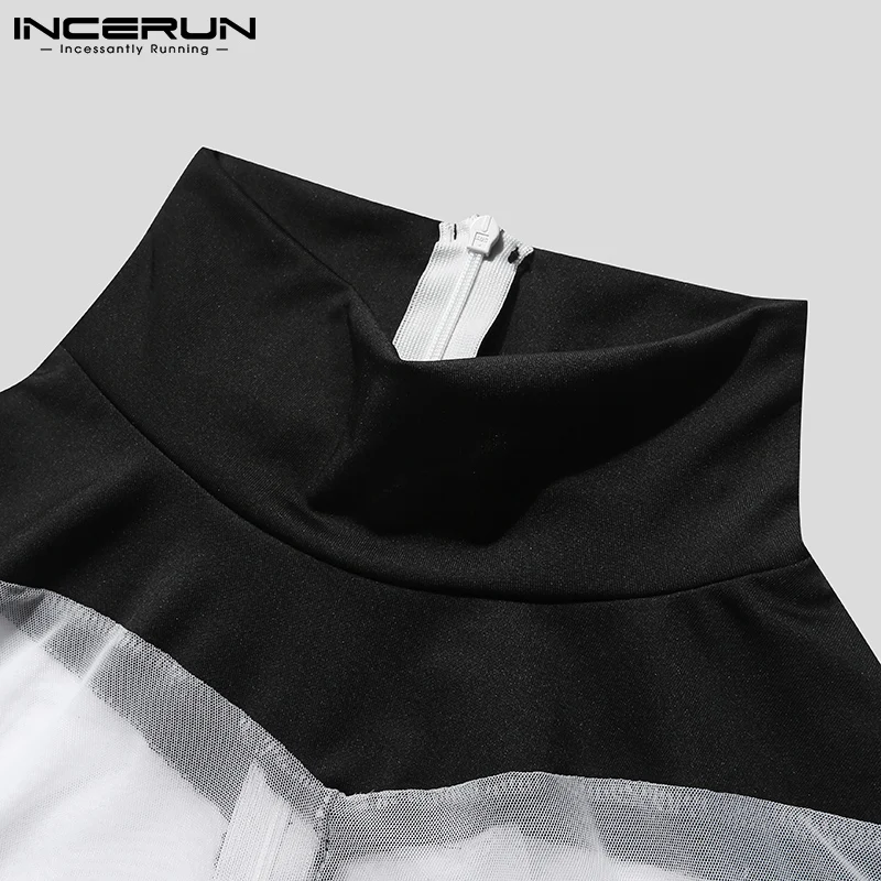 INCERUN 2023 Men's Sexy Leisure Jumpsuit Breathable Mesh Solid Color All-match Onesies Comeforable Long-sleeved Bodysuits S-5XL