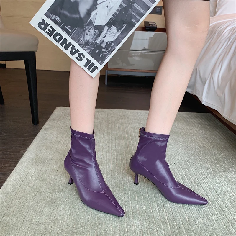

2021 autumn new fashion temperament pointed toe boots mid heel boots elastic back zipper short boots women