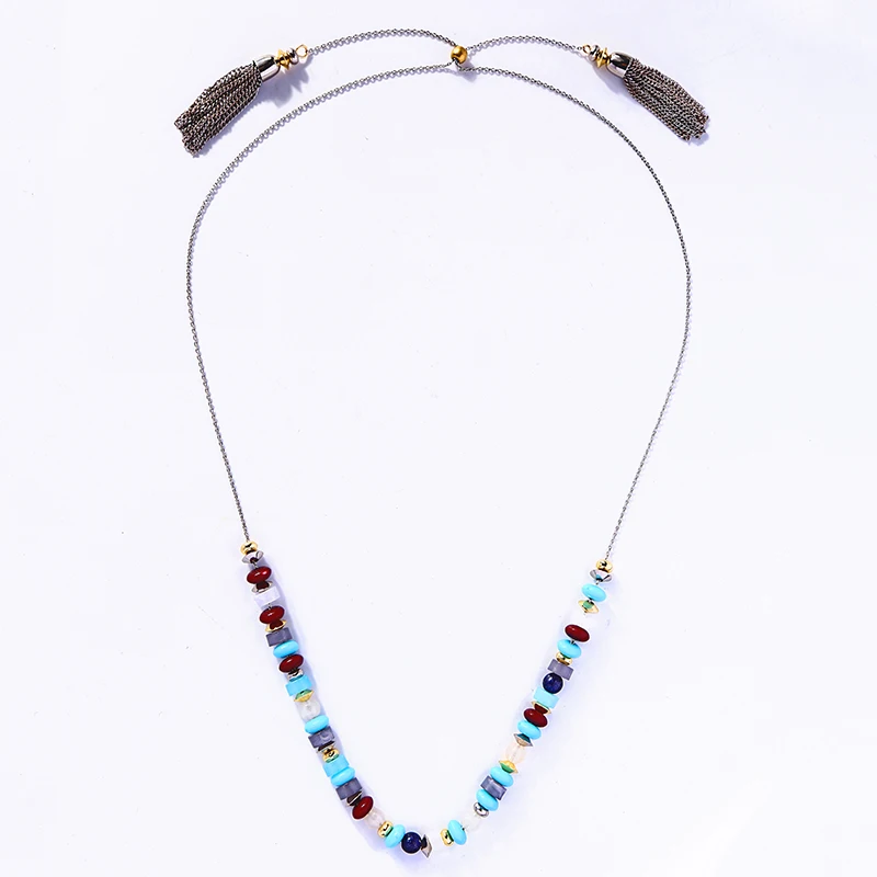 Длинное ожерелье с синими бусинами цепочка свитер родиевого цвета новинка зимы