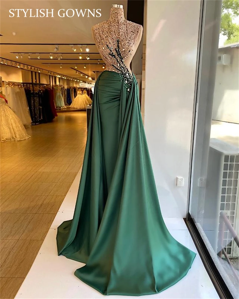

Emerald Green High Neck Evening Dress Beaded Crystal Pleats Birthday Party Gowns Fast Delivery Formal Dresses Abiti Da Sera