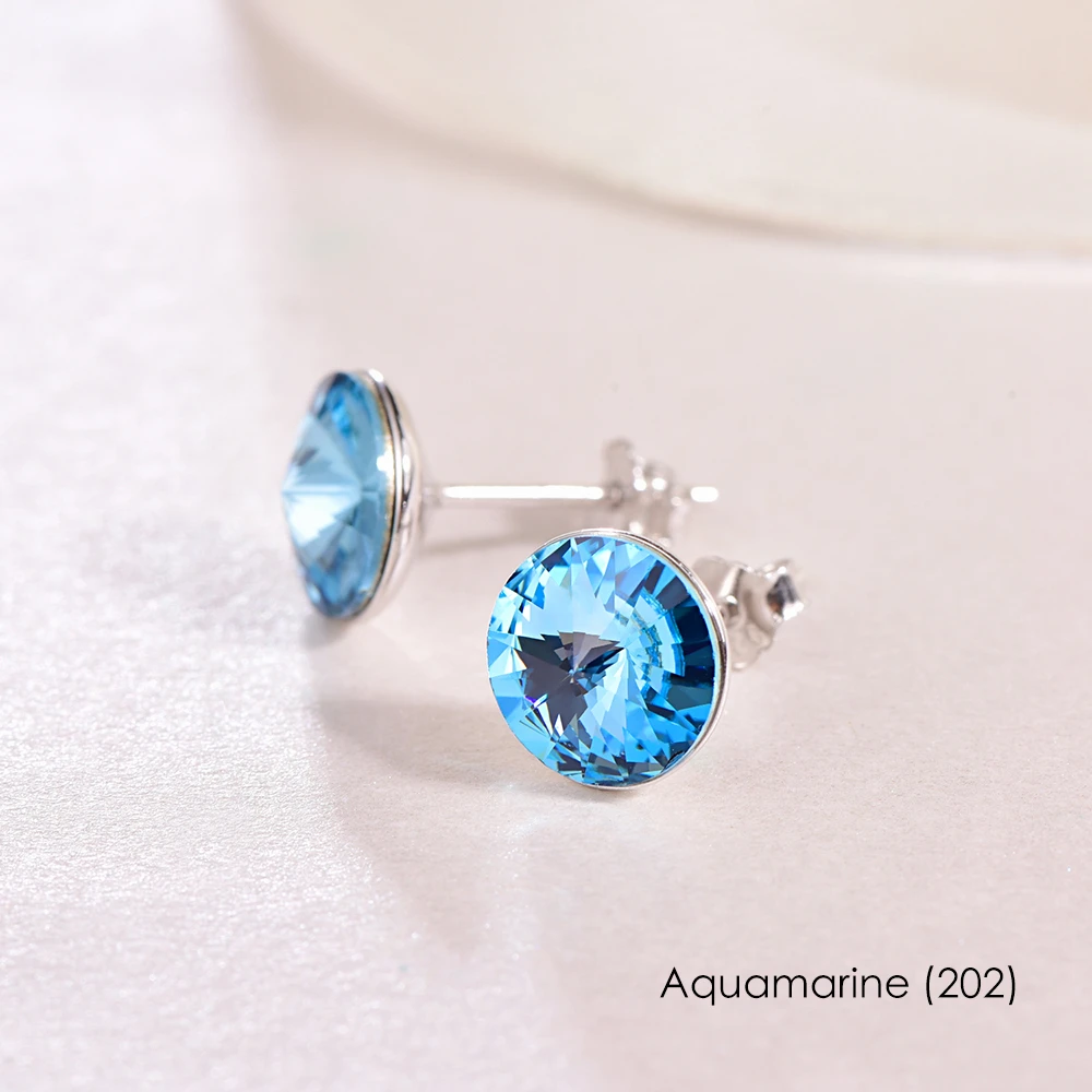 Бренд MALANDA, 925 пробы, серебряные серьги с круглыми кристаллами от Swarovski для женщин, модные серьги-гвоздики, свадебные офисные украшения - Окраска металла: Crystal Aquamarine