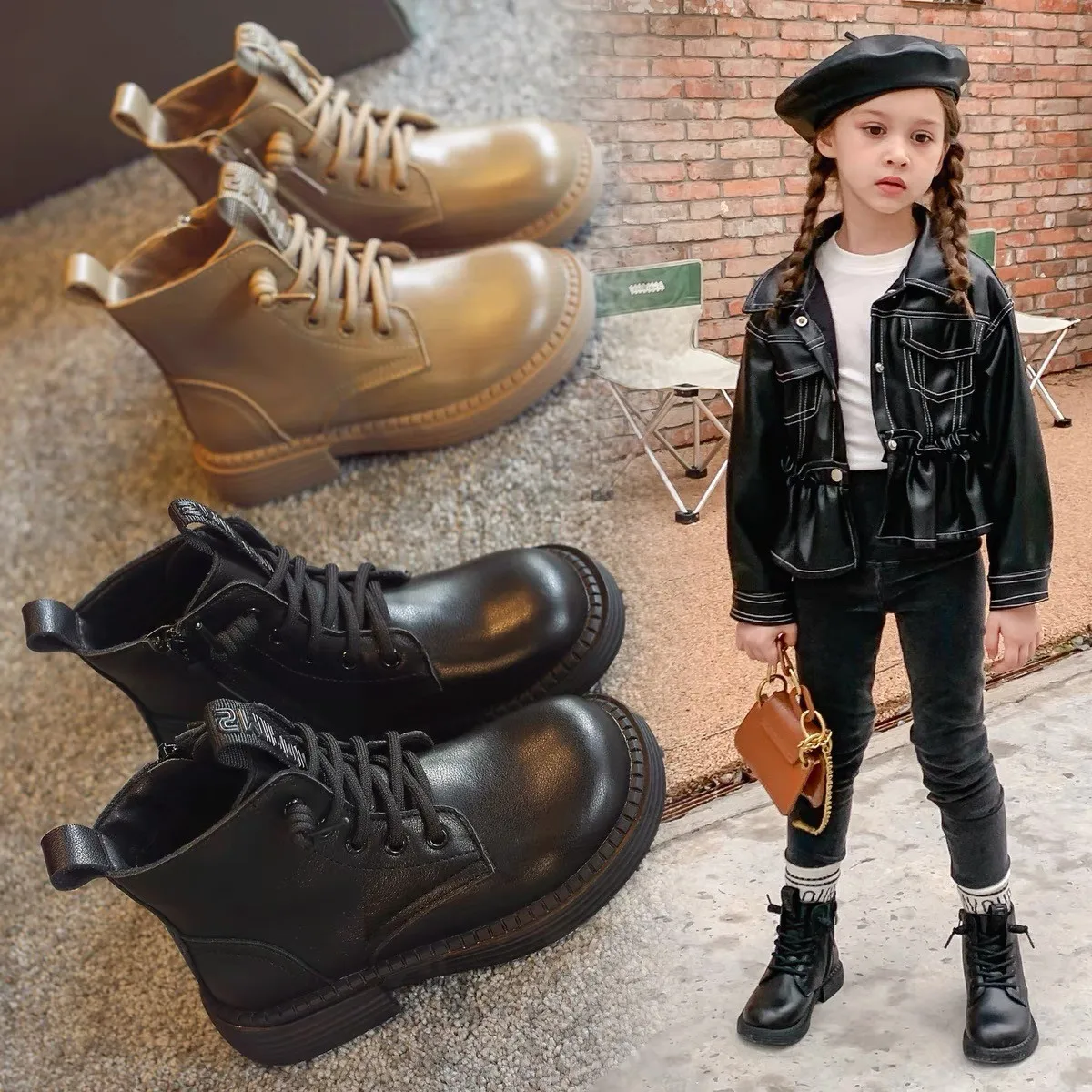 

JINJIN-KD12-Autumn/Winter Children Boots Boys Girls Leather Martin Boots Fashion Waterproof Non-slip Warm Kids Boots Shoes