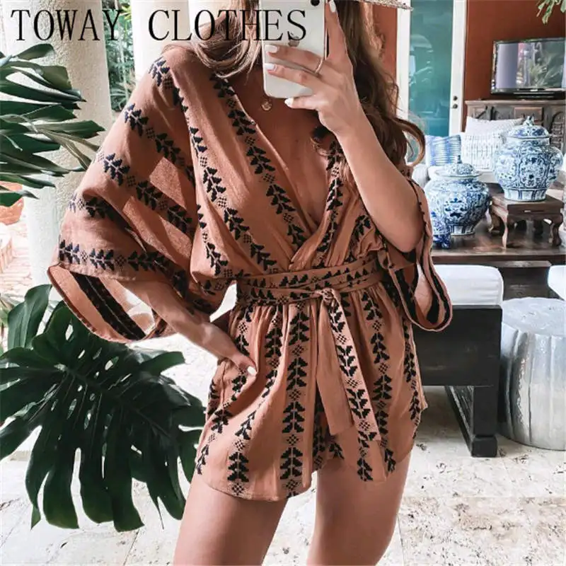 

Women All Over Print V-Neck Retro Patterns Print Short Sleeve Loose Rompers Half Sleeve One Piece