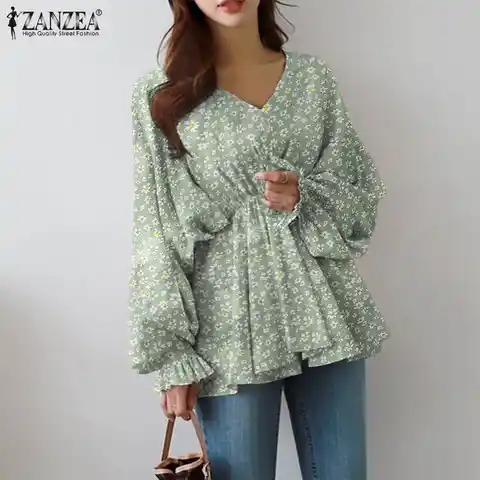Women's Floral Blouses ZANZEA 2023 Elegant Puff Sleeve Tops Spring  Blusas Female Casual V neck Tunic Printed Chemise 