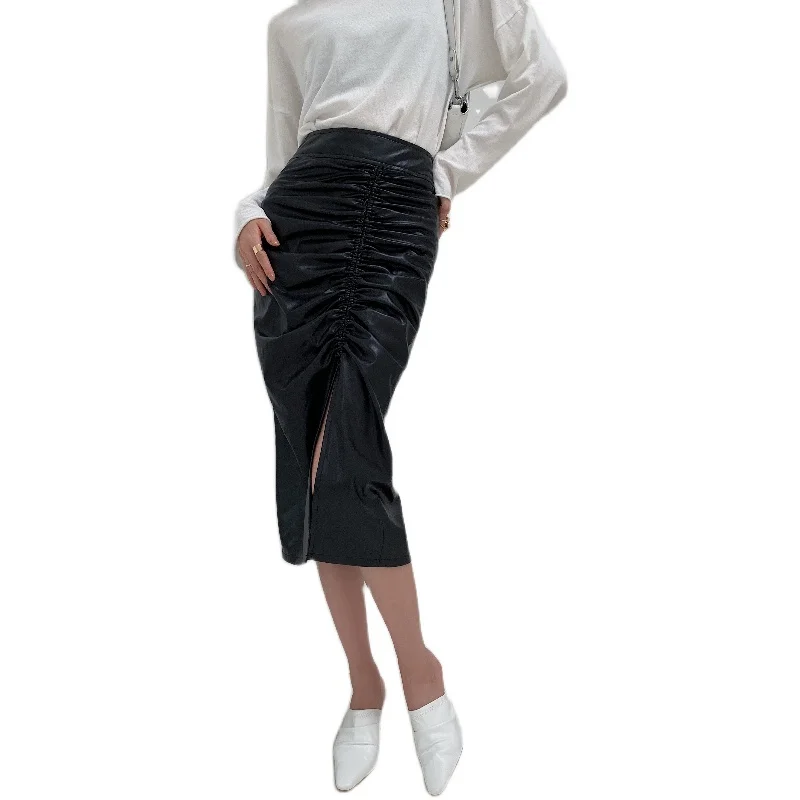 

Drawstring ruched Women's bag hip PU leather Mini Skirt Black High Waist Elegant Bodycon Sexy Streetwear Holiday Party Skirts