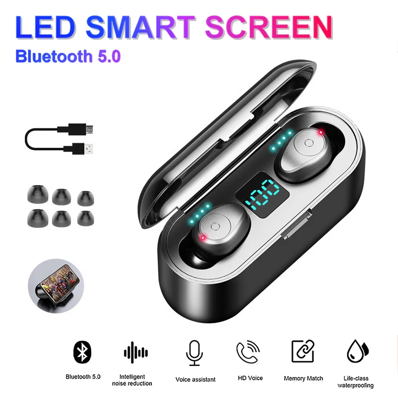 Настоящие беспроводные наушники Bluetooth V5.0 F9 TWS наушники с микрофоном светодиодный дисплей с 2000 мАч Внешний аккумулятор Спортивная гарнитура