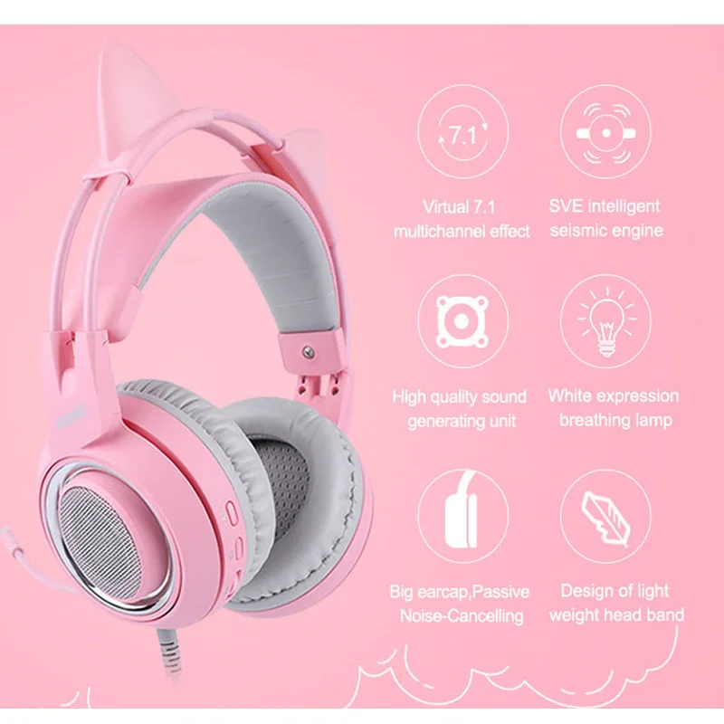 SOMIC G951 USB розовые наушники с кошачьими ушками Virtual 7 1 шумоподавление Игровые
