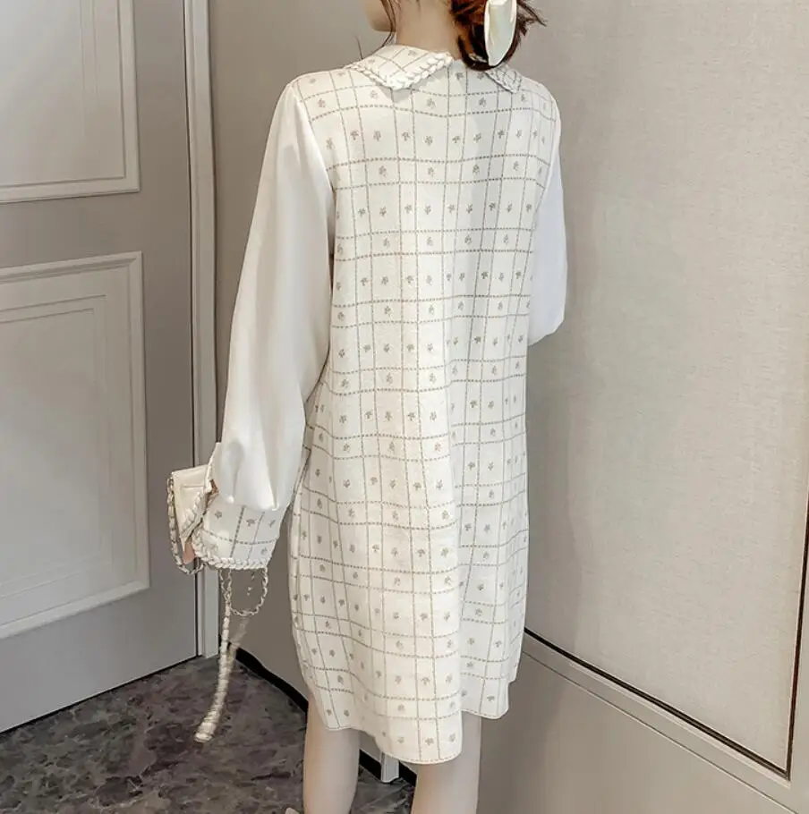 

2020 Autumn Women Elegant knitted Dress Sweet Peter Pan Collar Long Sleeve Patchwork A-Line Dresses s136