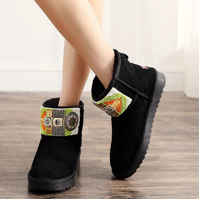 2020 Warm Women Snow Boots Fashion Beaded Ankle Woman Genuine Leather 100% Natural Wool Winter | Обувь