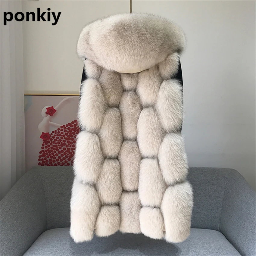 Куртка с капюшоном из натурального меха лисы длинный жилет без рукавов для