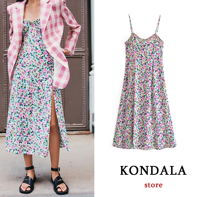 

FELIN Za 2021 Beach Style Chic Floral Cami Dress Women Sexy Side Split Ruffles Maxi Dress Summer Stylish Vintage Vestidos