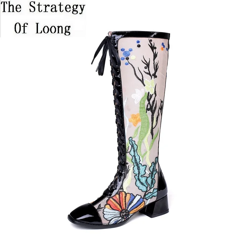 Женские сапоги в национальном стиле до колена из натуральной кожи с сетчатыми