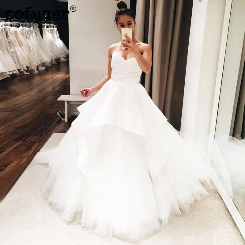 

White Aline Wedding Dress Sweetheart Sleeveless lTiered Tulle Robe De Mariee Sofuge Dubai Arabic Abiti Da Sposa Strapless Gown
