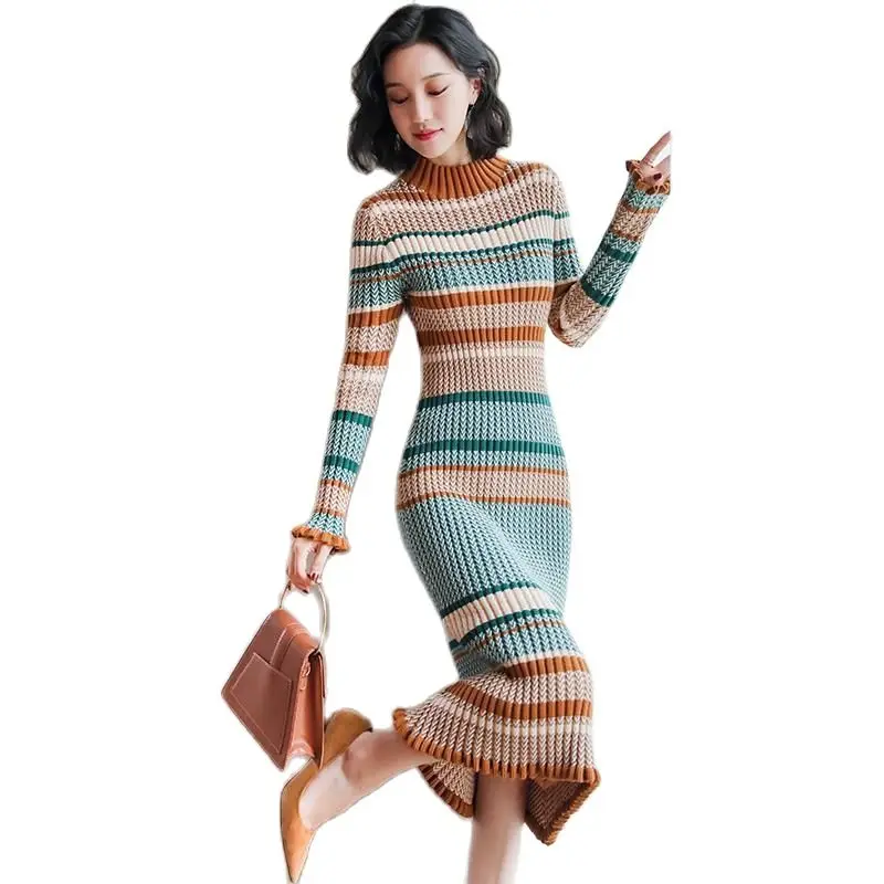 

Вязаное платье средней длины, юбка во французском ретро стиле, юбка-свитер с высоким воротником, юбка выше колена, Осень-зима 2021