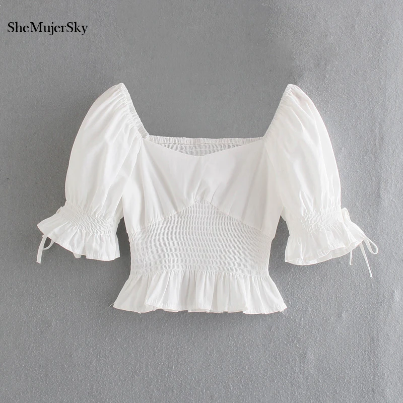 

SheMujerSky Women White Cotton Cropped Blouses Summer Flare Sleeve Square Collar Elastic Ruffles Tops 2021 White Shirts