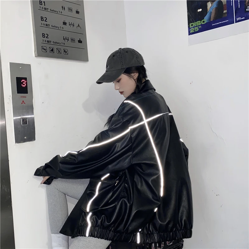 

Autumn And Winter Reflective Stripe Leather Jacket Women Pocket Design Cotton Added Coat Loose Streetwear Chaqueta Cuero Mujer