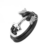 mens stainless steel leather bracelet viking double wolf head hammer bracelet mens trendy jewelry bracelet