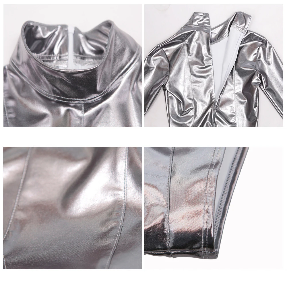 Боди с серебряным покрытием из искусственной кожи длинным рукавом высоким
