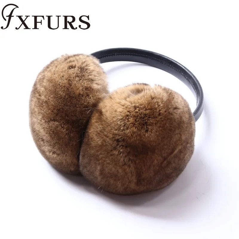 FXFURS/ женские модные меховые наушники с кроликом Рекс, с кожаной полкой, зимние теплые меховые наушники для девочек, меховые наушники