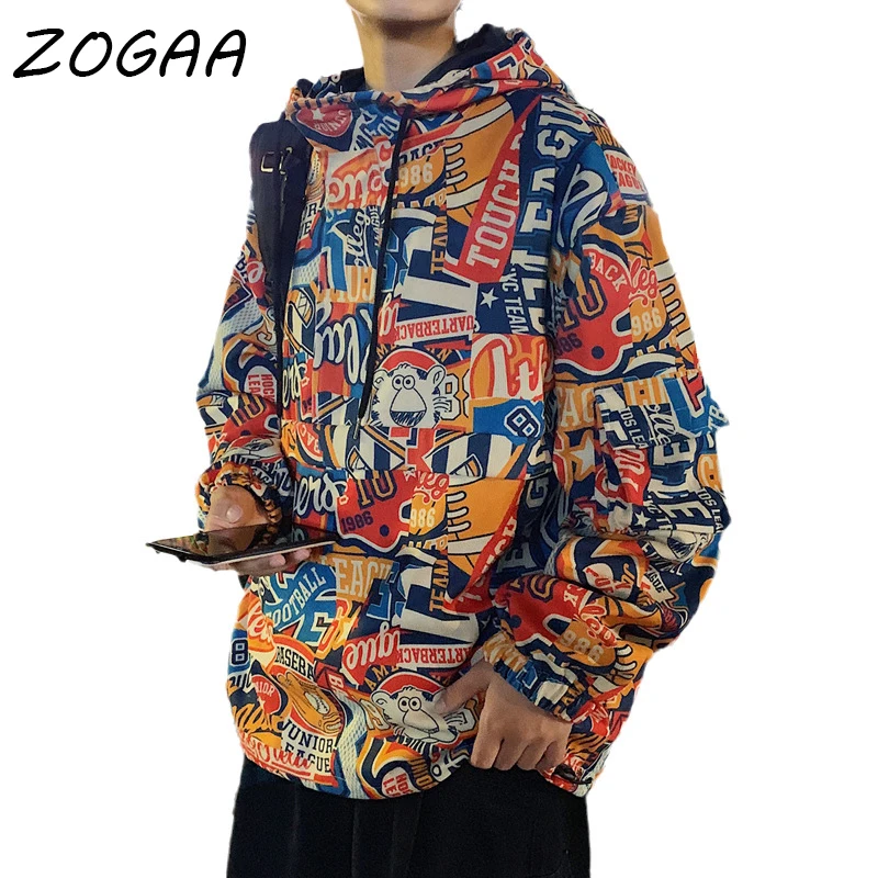 

Свитшот ZOGAA мужской с капюшоном, утепленный Молодежный Свитшот с модным принтом в стиле Харадзюку, худи для студентов, Повседневная Уличная ...