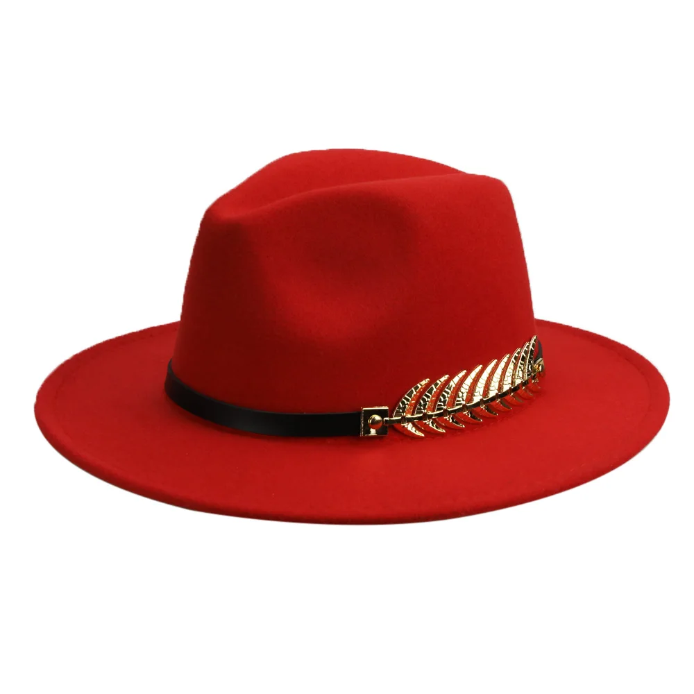 Red trilby hat Зимняя фетровая шляпа с металлическим поясом, Женская фетровая шляпа с широкими полями, мужская фетровая шляпа, фетровая шляпа, Панама, кепки, винтажная верхняя шляпа, женская шапка YY18001 - Цвет: Red trilby hat
