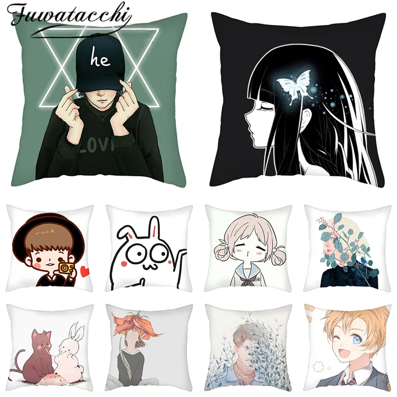 

Fuwatacchi Comic Young Men and Women Cushion Cover Cute Couple's Gift Pillow Covers for Home Sofa Decorative Pillow Cases Double