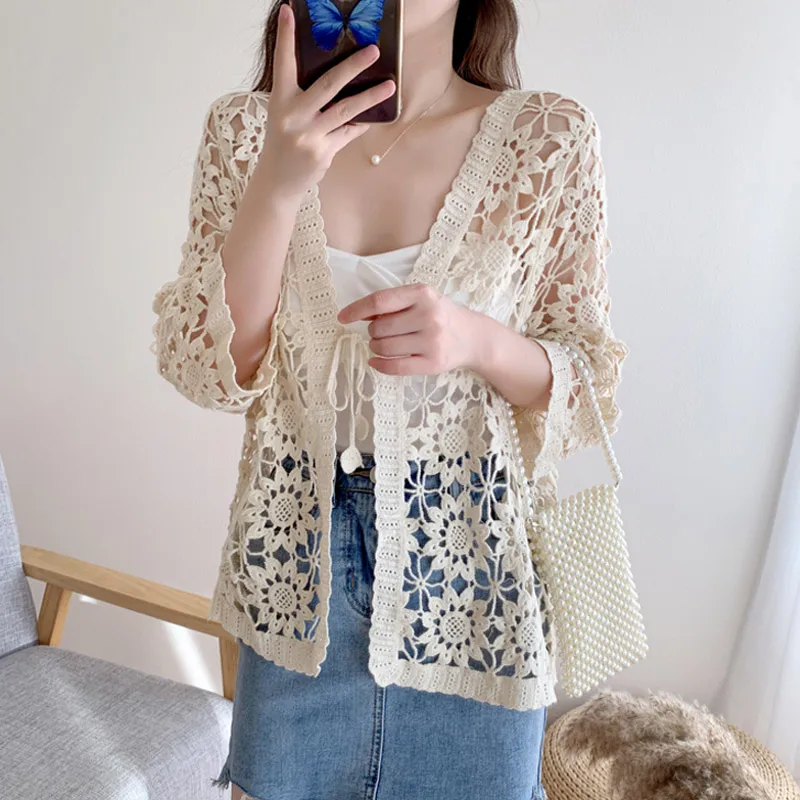 Женская винтажная кружевная блузка ажурная в Корейском стиле пикантный ажурный