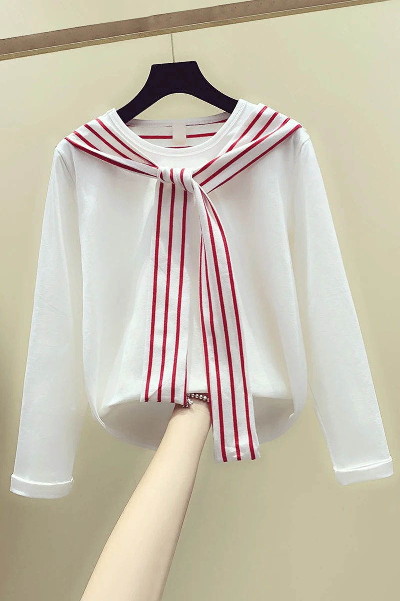 

Fall White Women's Long Sleeve Hoodied 2019 Autumn Loose Crew Neck Navy Wind Pull Shirt Student Sweatshirt Pullover Coat Hoodies