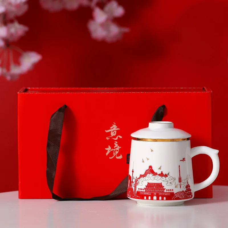 

White Ceramic Mark Tea Cup Three-piece Filter Tea Combo Set High Water Cup Handmade Painting Holiday Gifts