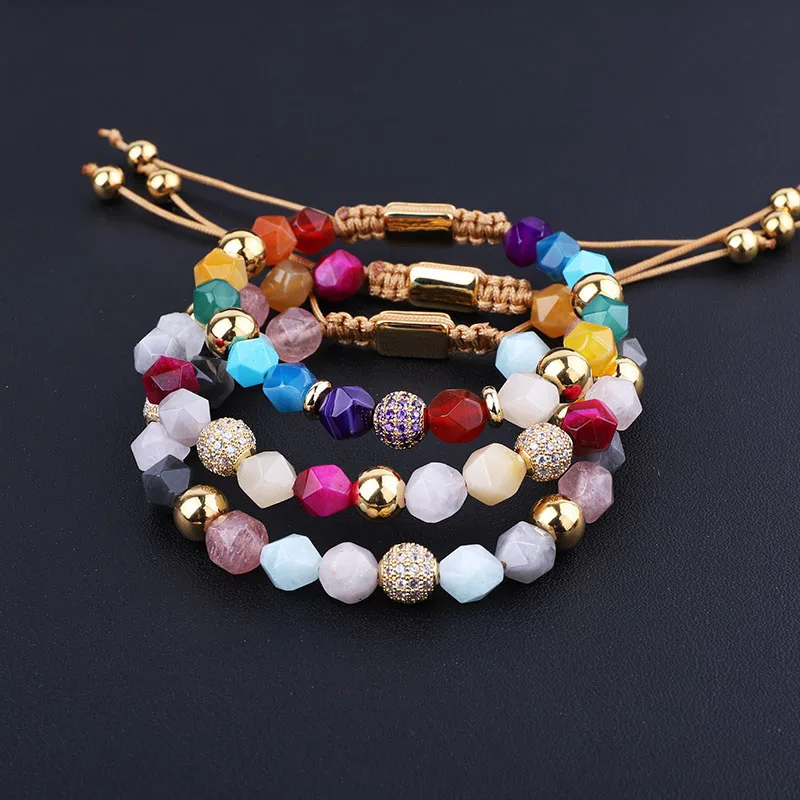 

New Design Natural Stone Faceted Gemstone CZ Pave Ball Braided Friendship Macrame Bracelet Women