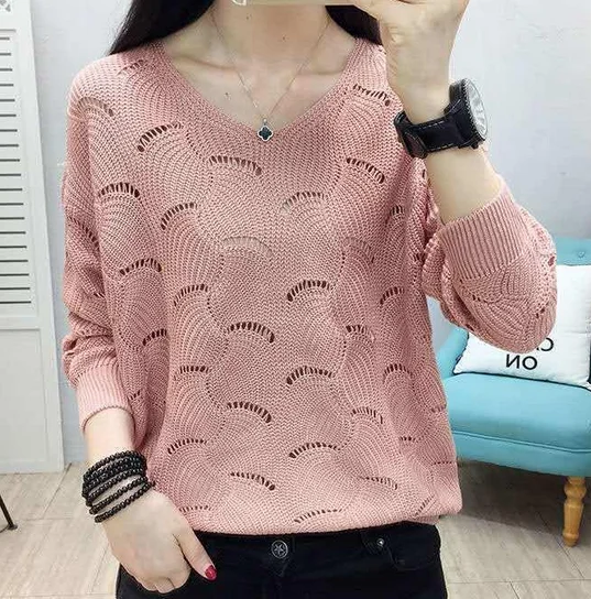

New women's Hollow out loose sweater long-sleeved knit V-neck tops