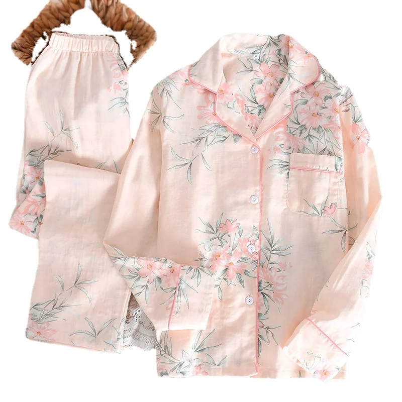 Spring/Autumn New Pajamas Set Women Pure Cotton Gauze Flower Thin Summer Lapel Long Sleeve Sleepwear Ladies Loose Comfy HomeWear
