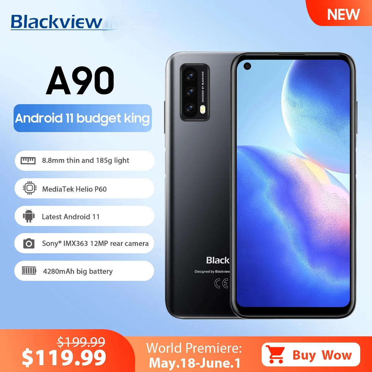 

Original New Blackview A90 4GB 64GB Android 11 Smartphone Helio P60 Octa Core 12MP HDR 4280mAh Cellphone 4G LTE 6.39'' Telephone