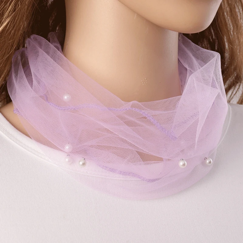 

1pc Elegant Transparent Women Ladies Scarf Pearl Decor Mesh Necklace Scarf Circle Scarf Spring And Summer Clothing Accessories